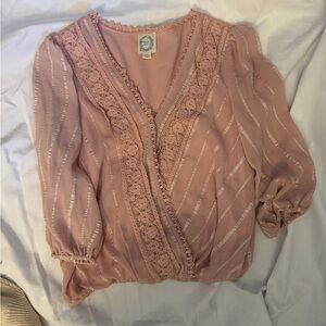 Elegant Pink Lace Trim Blouse